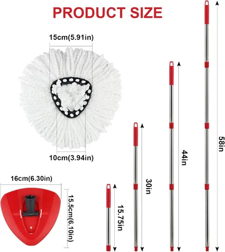 Miniatura 7 de Cabezal de repuesto para trapeador giratorio con 1 base giratoria y 1 mango. Recambios de fregona EasyWring compatibles con SpinMop triangular