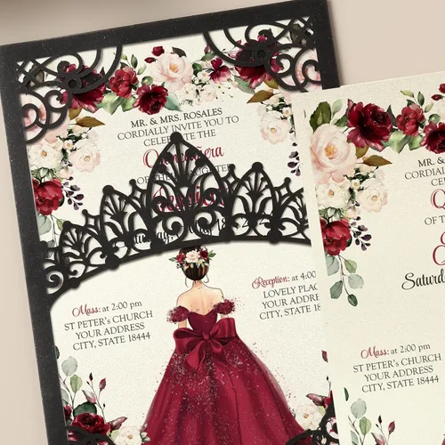 Miniatura 4 de 50 invitaciones de quinceañera con corona negra perlada cortada con láser Invitaciones de cumpleaños florales burdeos para Sweet 16/Miss XV