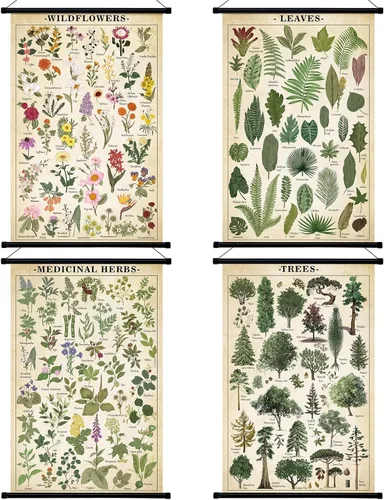 Lewtemi Póster vintage de 4 piezas de arte de pared botánico de la naturaleza, flores silvestres, hojas, hierbas medicinales, árboles, póster para