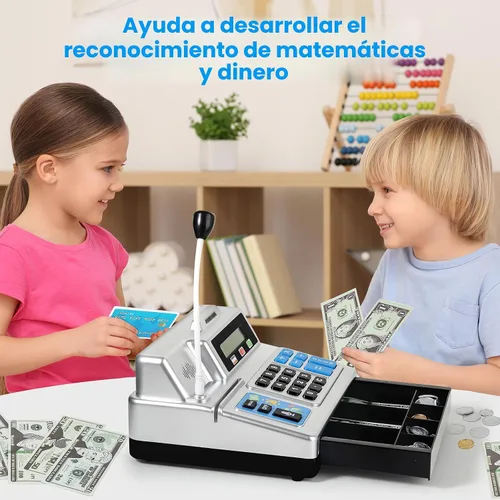 Miniatura 5 de Calculadora de caja registradora – Caja registradora de juguete de 103 piezas, juego de tienda con micrófono, tarjeta de crédito y banco para niños