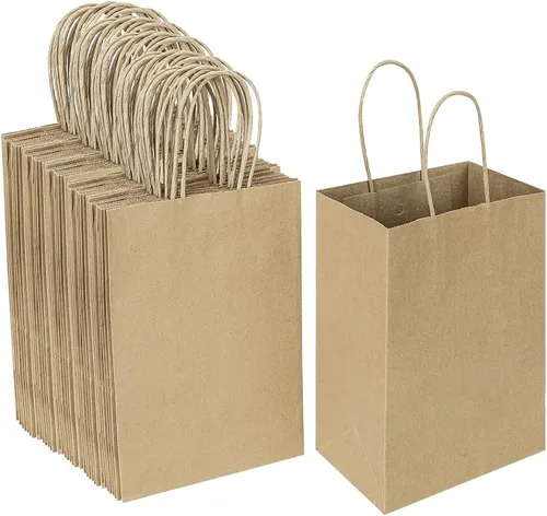 Oikss Paquete de 100 bolsas pequeñas de papel kraft natural liso de 5.25 x 3.25 x 8.25 pulgadas, con asas, a granel para fiestas de cumpleaños,