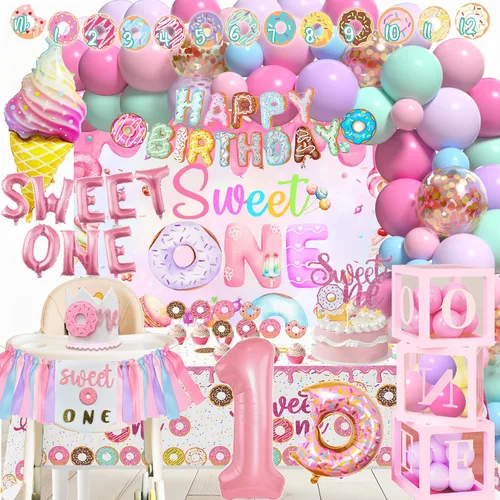 Miniatura 5 de Decoraciones de primer cumpleaños para niña, decoración de primer cumpleaños con telón de fondo, cajas de globos, mantel, decoración de pastel