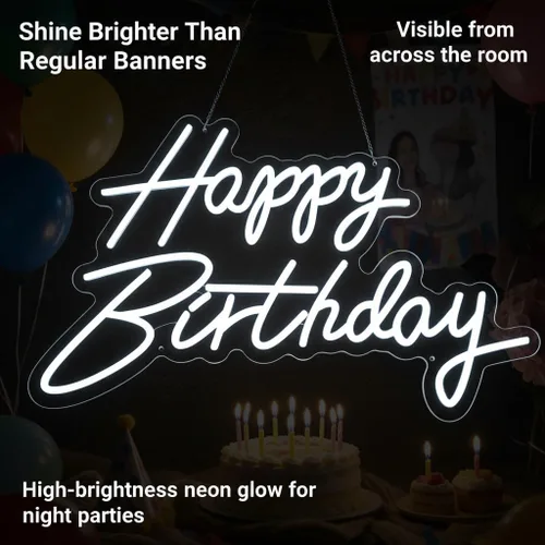 Miniatura 5 de Letrero de neón con texto en inglés "Happy Birthday", letras LED acrílicas de 19.6 x 11.8 pulgadas, letras iluminadas, letreros LED de neón