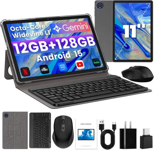 Tablet, Android 15 Tablets de 11 pulgadas con teclado/funda, 12 GB de RAM, 128 GB de almacenamiento expandible a 2 TB, Octa-Core, batería de 12
