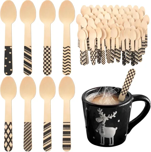 Uiifan 120 cucharas de madera desechables de Navidad de 5.5 pulgadas, cucharas a rayas con rayas negras, patrones de bastón de caramelo para