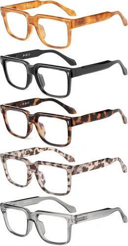 JM Paquete de 5 lentes de lectura para mujeres y hombres, lectores de computadora cuadrados con bloqueo de luz azul, elegantes con bisagras de