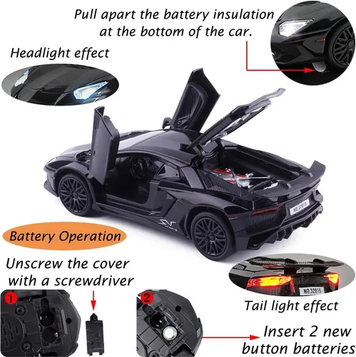 Miniatura 3 de iLooboo Vehículo de juguete coleccionable de aleación Aventador negro con luces y sonido