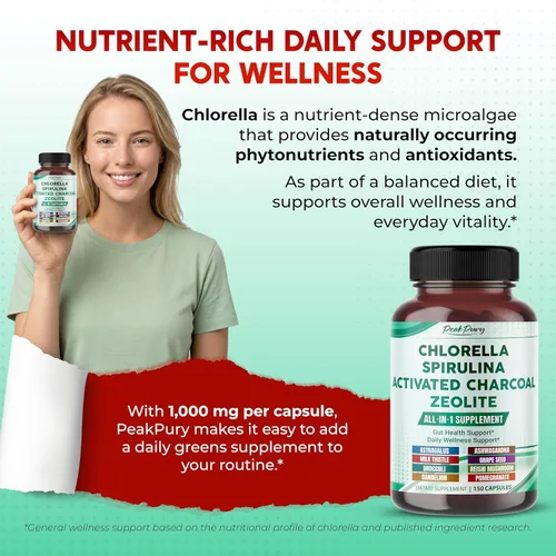 Miniatura 5 de Clorella, espirulina, carbón activado y zeolita ultra todo en 1, desintoxicación natural, apoyo inmunológico y vitalidad, 150 cápsulas