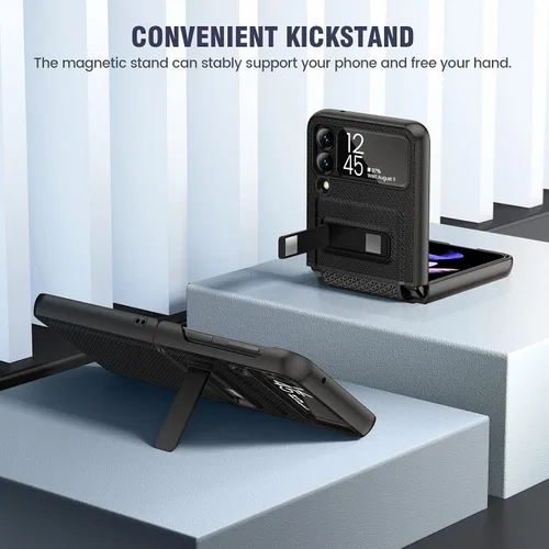 Miniatura 3 de Caka Compatible para Galaxy Z Flip 3 5G con soporte de patas, Funda para Z Flip 3 con protector de cámara, protección de bisagras y carga Negro