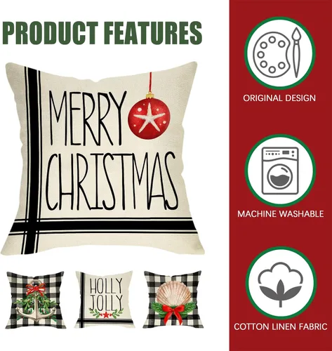 Miniatura 4 de Fahrendom Juego de 4 fundas de almohada decorativas náuticas de Feliz Navidad, 18 x 18 pulgadas, funda de almohada con ancla de Navidad costera