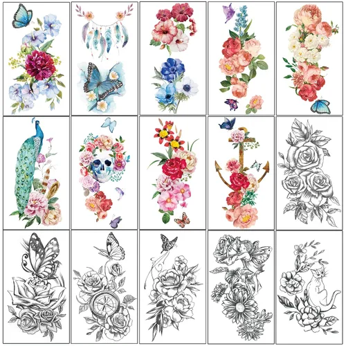 Miniatura 7 de Yazhiji 15 hojas grandes Sexy impermeable tatuajes temporales para hombres mujeres flores colección (19X9 CM)