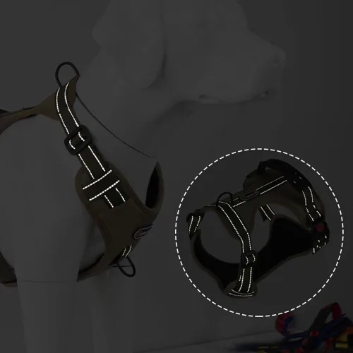 Miniatura 7 de Arnés táctico para perro de tamaño M sin tirones, con asa y ribete reflectante, arnés ajustable para el pecho con clips de correa delantera y Caqui