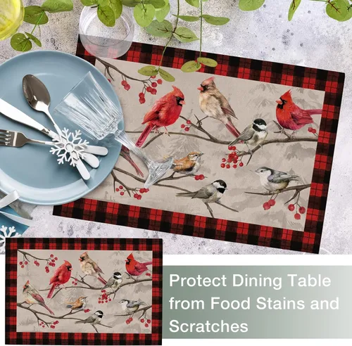 Miniatura 5 de Seliem Winter Birds - Juego de 4 manteles individuales de PVC, diseño vintage de cardenal con ramas de bayas rojas, manteles individuales de vinilo