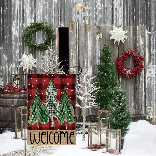 Miniatura 2 de Bandera de jardín de árboles de Navidad de búfalo rojo de bienvenida, 12 x 18 pulgadas, vertical, de doble cara, a cuadros, color rojo, decoración