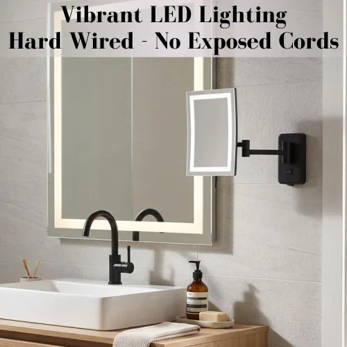 Miniatura 3 de JERDON Espejo de maquillaje rectangular para montaje en pared con aumento 5X, espejo de maquillaje de alambre directo con luces LED, negro mate