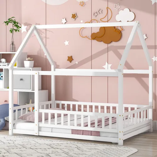 JINS&VICO Cama de suelo de casa de tamaño matrimonial, marco de cama Montessori de madera con techo y barandilla en forma de valla, plataforma de
