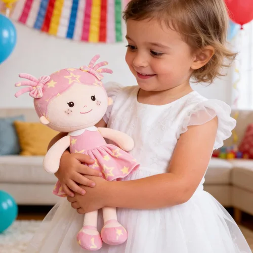 Miniatura 9 de Onetoo First Baby Doll - Muñeca de felpa para niñas, muñeca de trapo suave para niñas, durmiendo, abrazo, amigo, vestido sin mangas, color rosa
