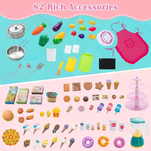 Miniatura 3 de Costzon Juego de cocina 2 en 1 para niños y tienda de comestibles, cocina de juego de simulación de doble cara con luz y sonido, máquina de hielo