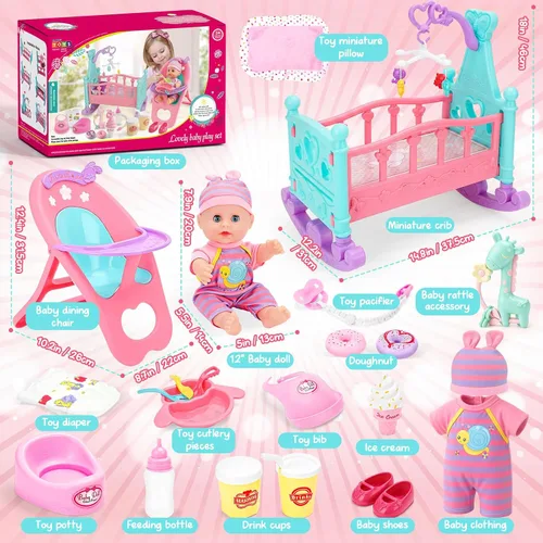 Miniatura 5 de deAO Juego de Muñecas de Bebé de 12" con Cuna, Móvil, Silla Alta, Accesorios de Alimentación, Muñecas Interactivas para Niñas, Juego de Simulación