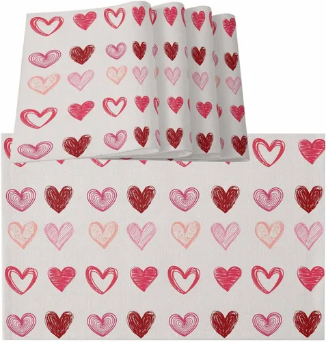 Miniatura 15 de Juego de 4 manteles individuales para el día de San Valentín para mesa de comedor, camión con globos y rosas románticos de arpillera de corazón rosa