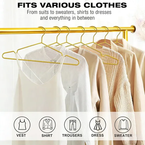 Miniatura 6 de Paquete de 30 perchas de acero inoxidable dorado para ropa, ganchos de metal con alambre fuerte, perchas estándar, ideales para uso diario, 17.7