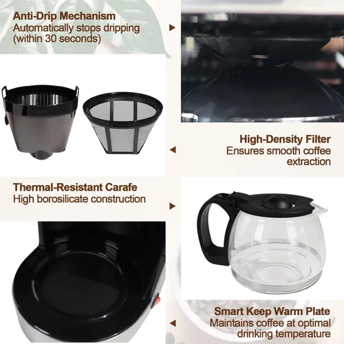 Miniatura 6 de Cafetera de goteo de 10 tazas, cafetera antigoteo de un solo toque con jarra de filtro reutilizable, para mantener el calor, cuchara, cafetera