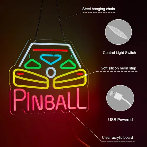 Miniatura 5 de Roouneon Pinball - Letrero de neón para decoración de pared con interruptor regulable, luz LED de neón