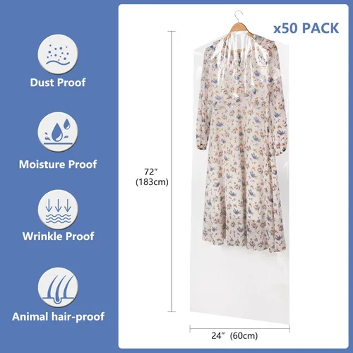 Miniatura 2 de Paquete de 50 bolsas de plástico extralargas de 72 pulgadas para ropa, a prueba de polvo, fundas de plástico transparente para colgar ropa, bolsas
