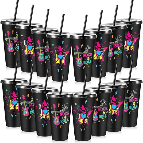 Uiifan 16 piezas de decoraciones de fiesta de los años 50, tazas reutilizables de los años 50 con tapas y pajitas, suministros de Rock Sock Hop de