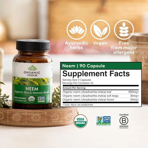 Miniatura 7 de Organic India Cápsulas de Hoja de Neem - Suplemento Herbal, Apoya la Salud de la Piel y del Sistema Inmunológico, Vegano, Sin Gluten, Certificado