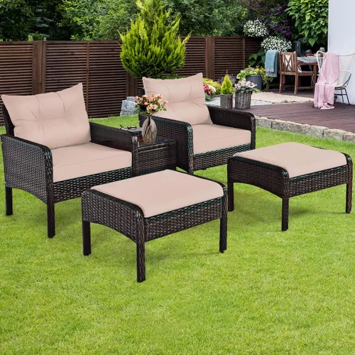 Miniatura 8 de Juego de muebles de patio de 5 piezas, silla de mimbre de ratán para conversación al aire libre con 2 otomanas y mesa de centro de vidrio templado