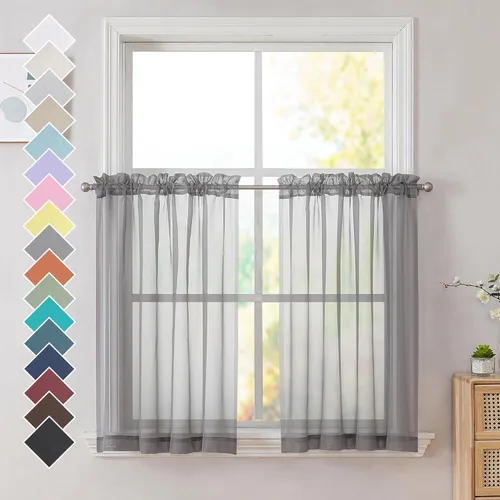 Miniatura 158 de OVZME - Cortinas traslúcidas blancas de 45 pulgadas de largo, 2 paneles, cortinas de gasa con bolsillo para barra para ventanas pequeñas, cada una