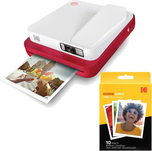 Cámara digital de impresión instantánea Kodak Smile Classic con Bluetooth (roja) con paquete de 10 de papel fotográfico Zink de 3.5x4.25 pulgadas de