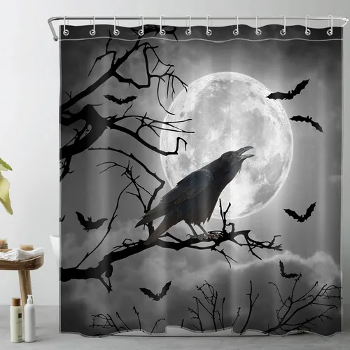 LB Cortina de ducha gris de Halloween, cuervo negro sobre árbol muerto, juego de cortina de ducha de luna de terror, murciélago aterrador en bosque