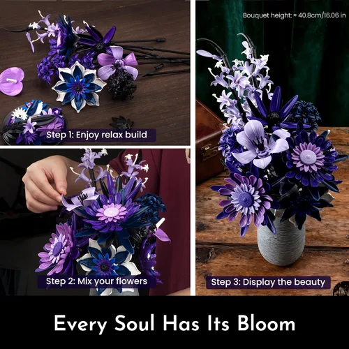 Miniatura 5 de Juego de construcción de ramos de flores de dalia para adultos, regalos para mujeres, novia, esposa, mamá, colección botánica gótica, floral Morado