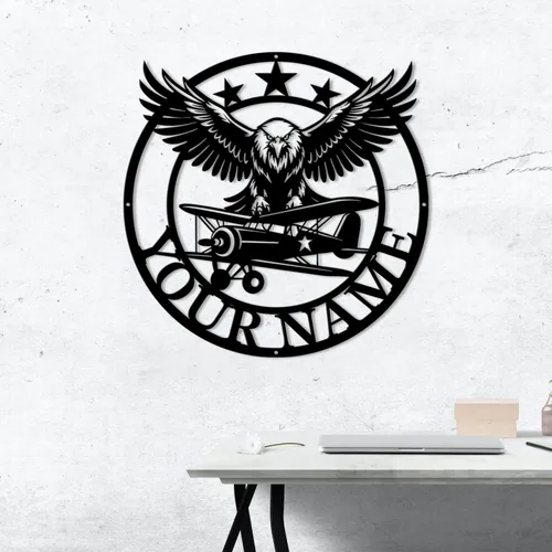 Miniatura 5 de Magilab Placa de pared de avión retro con nombre personalizado, decoración de metal de hierro personalizado, letrero de aviación negro de 8 a 30