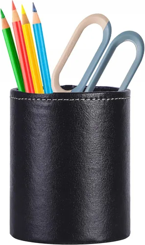 Soporte para bolígrafo para escritorio, soportes de lápiz de cuero PU para cosméticos suministros de oficina, organizador de escritorio negro PH107
