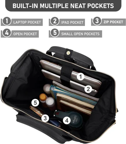Miniatura 3 de Kah&Kee - Mochila de cuero con compartimento para laptop, ideal para viajes, escuela, para mujeres y hombres, Negro), PU1211