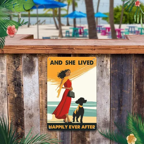 Miniatura 4 de Cartel de metal vintage con texto en inglés "Girl and She Lived Happily Ever After Dog" (Poodle Girl and She Lived Happily Ever After Dog), letrero