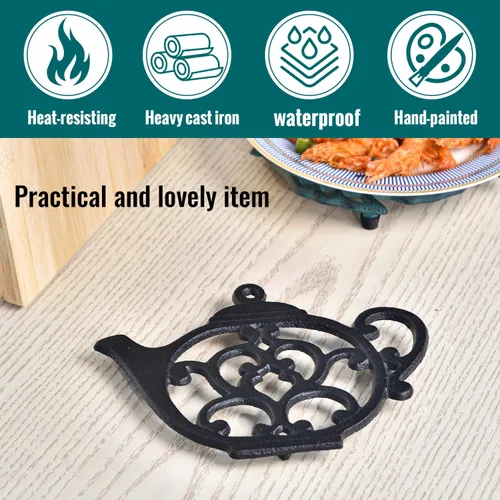 Miniatura 4 de Sungmor Salvamanteles de hierro fundido resistente, salvamanteles decorativos negros a prueba de óxido para cocina o mesa de comedor, 7.9 x 6 Tetera