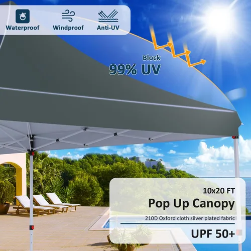 Miniatura 7 de COBIZI Tienda de campaña desplegable de 10 x 20 pies con 6 paredes laterales extraíbles, toldo comercial fácil de instalar, impermeable y gazebo Gris