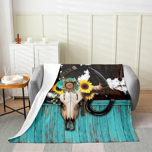 Manta de franela de calavera de vaca de 50 x 60 pulgadas, manta sherpa de franela de girasoles amarillos para niños y adolescentes, manta de felpa