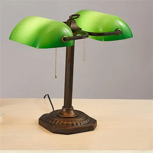 Miniatura 2 de Vintage Brass Bankers with Emerald Green Glass Shade Art Deco Double Head Table Lamp Indoor Light