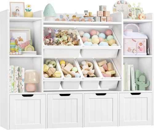 Miniatura 6 de FINETONES Organizador de almacenamiento de juguetes de 55.1 pulgadas con 6 cubos de juguetes, organizador grande de juguetes, estantería para niños