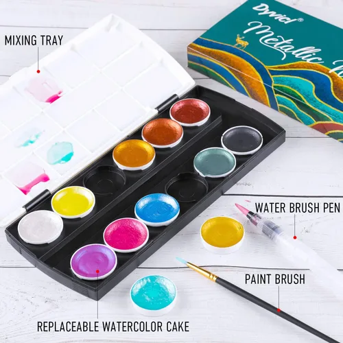 Miniatura 4 de Dyvicl Juego de pintura de acuarela metálica con purpurina, 12 acuarelas que cambian de color brillante, caja portátil con cepillo de agua, pinturas
