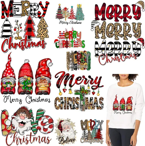 Adhesivos de transferencia de calor de Navidad para planchar para ropa, calcomanías de vinilo de transferencia, lavables, 10 calcomanías de prensa