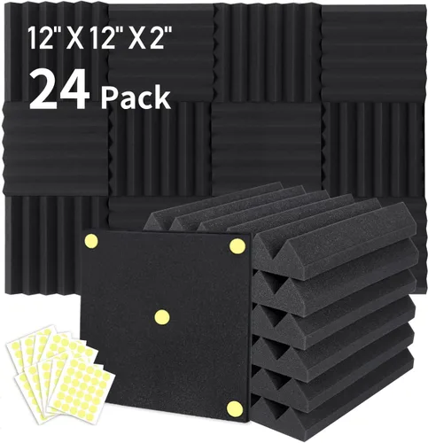 Focusound - Paquete de 24 paneles de espuma acústica de 2 x 12 x 12 pulgadas, espuma insonorizante con cancelación de ruido con 120 piezas de