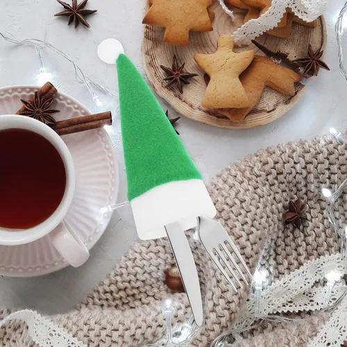 Miniatura 7 de Angoily 10 piezas de mini sombreros de Papá Noel de Navidad, soportes para cubiertos con bolsillos, tapas de botellas de vino, tapas de piruleta