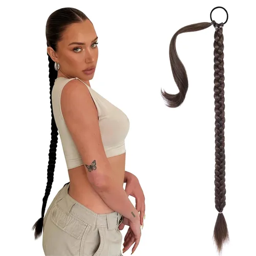Miniatura 41 de SEIKEA - Extensión de cola de caballo trenzada larga mejorada con banda elástica lisa y mechón trenzado envolvente, color negro, 20 pulgadas