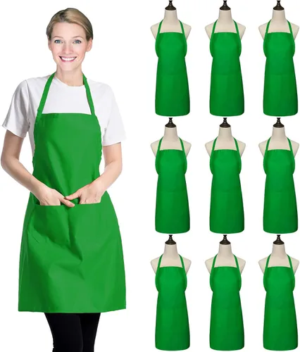 Miniatura 10 de Paquete de 9 delantales negros para mujeres, adultos, niñas y mujeres con bolsillos, delantales de cocina a granel para cocinar, pintar, barbacoa